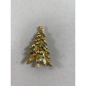 Vtg ART Signed Gold Tone Rhinestone Christmas Tree Brooch Pin Holiday Jewelry